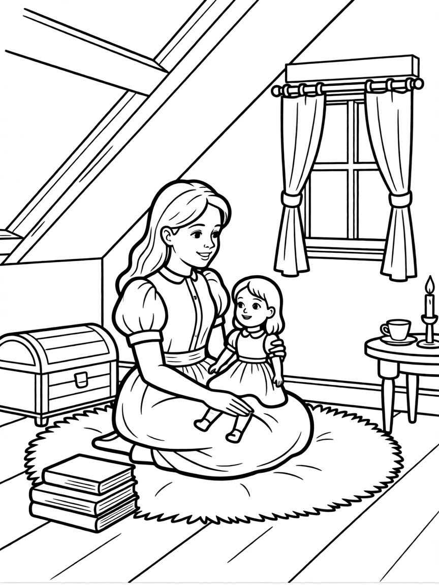 Sara Crewe from "A Little Princess" in her attic room telling stories to her doll