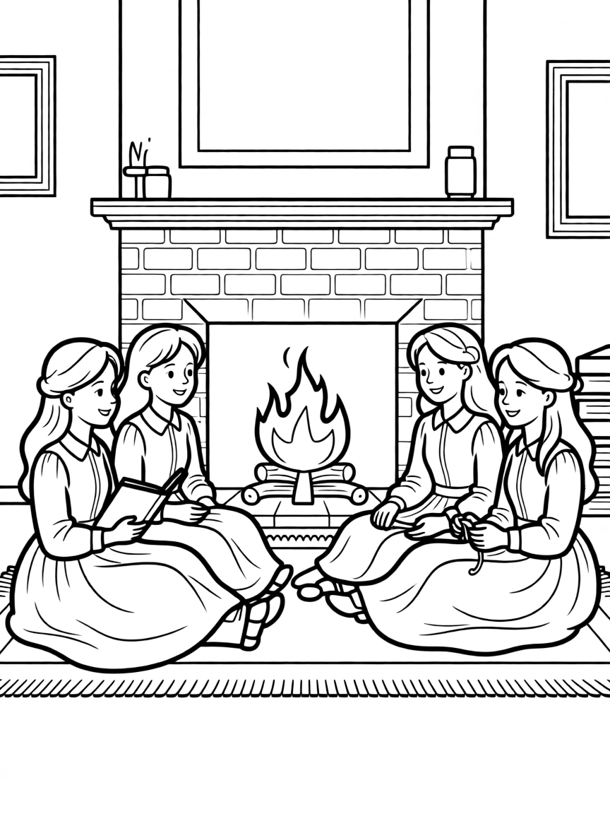Meg, Jo, Beth, and Amy March from "Little Women" sitting around a fireplace