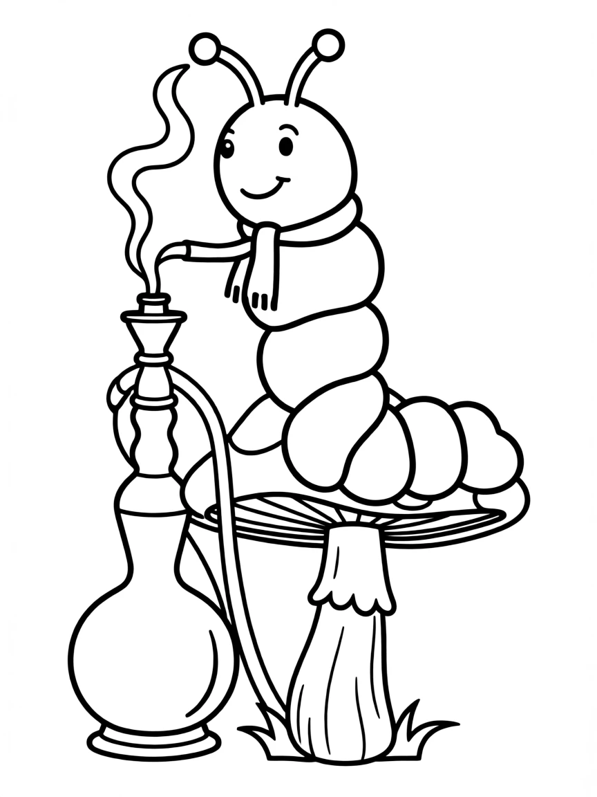 The Caterpillar from "Alice in Wonderland" smoking a hookah on a mushroom
