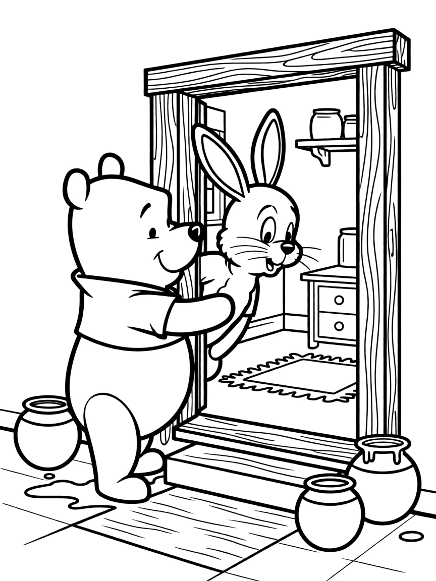Winnie-the-Pooh stuck in Rabbit's doorway after eating too much honey