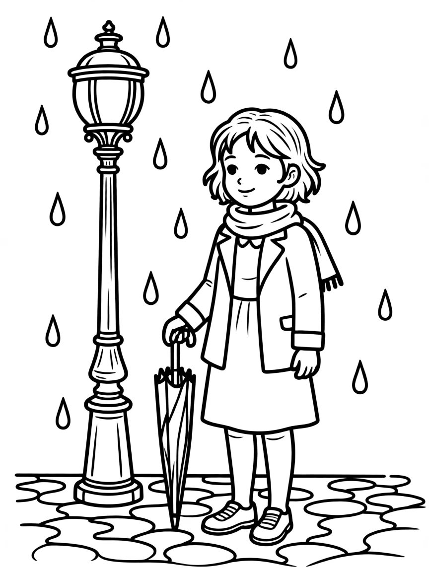 Eponine from "Les Misérables" in the rain by a Parisian streetlamp