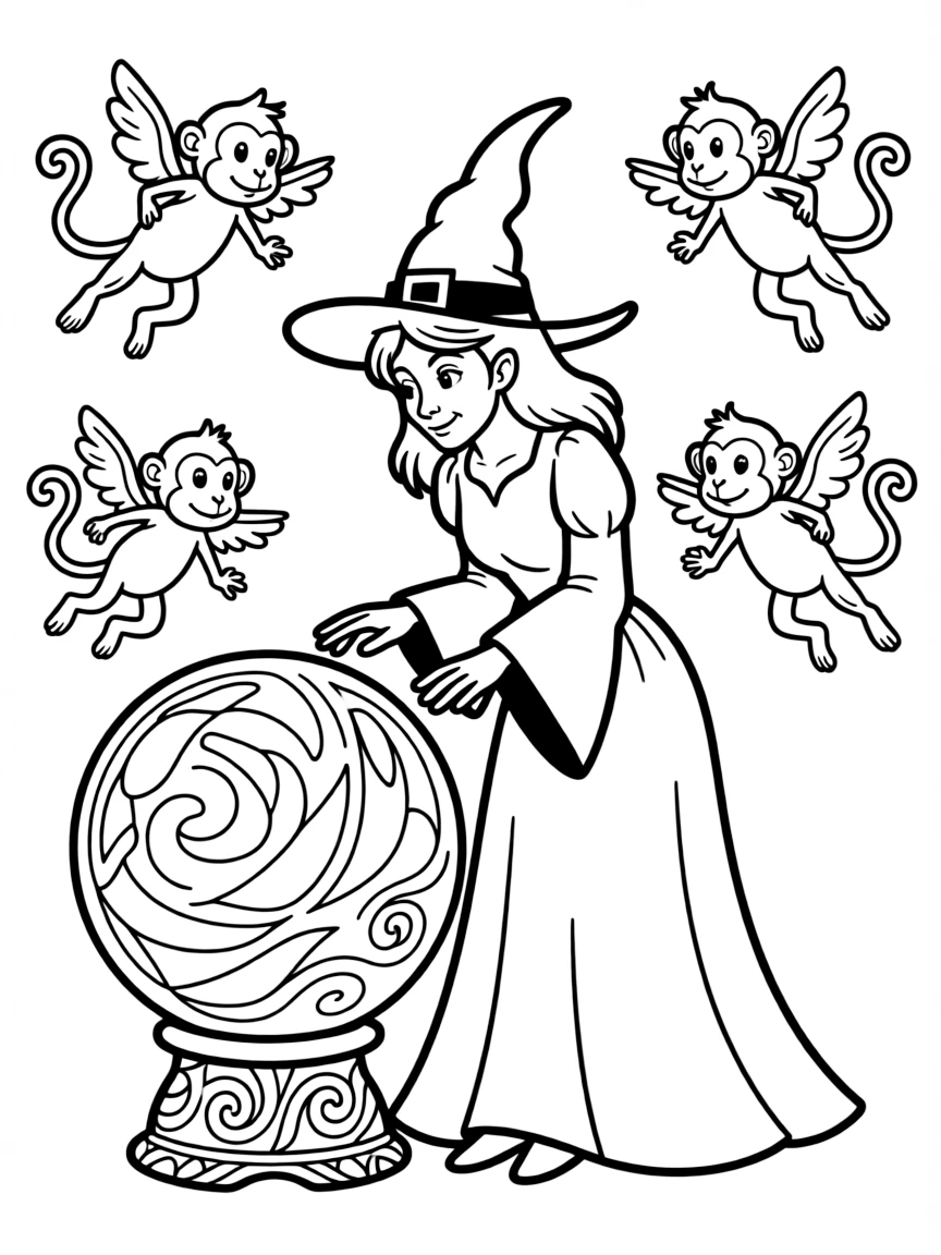 The Wicked Witch of the West with her flying monkeys and crystal ball
