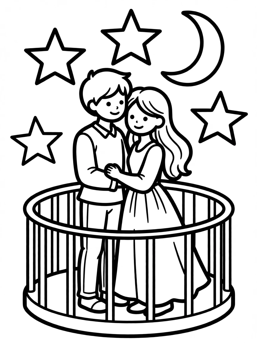 Romeo and Juliet on the balcony surrounded by stars and moonlight