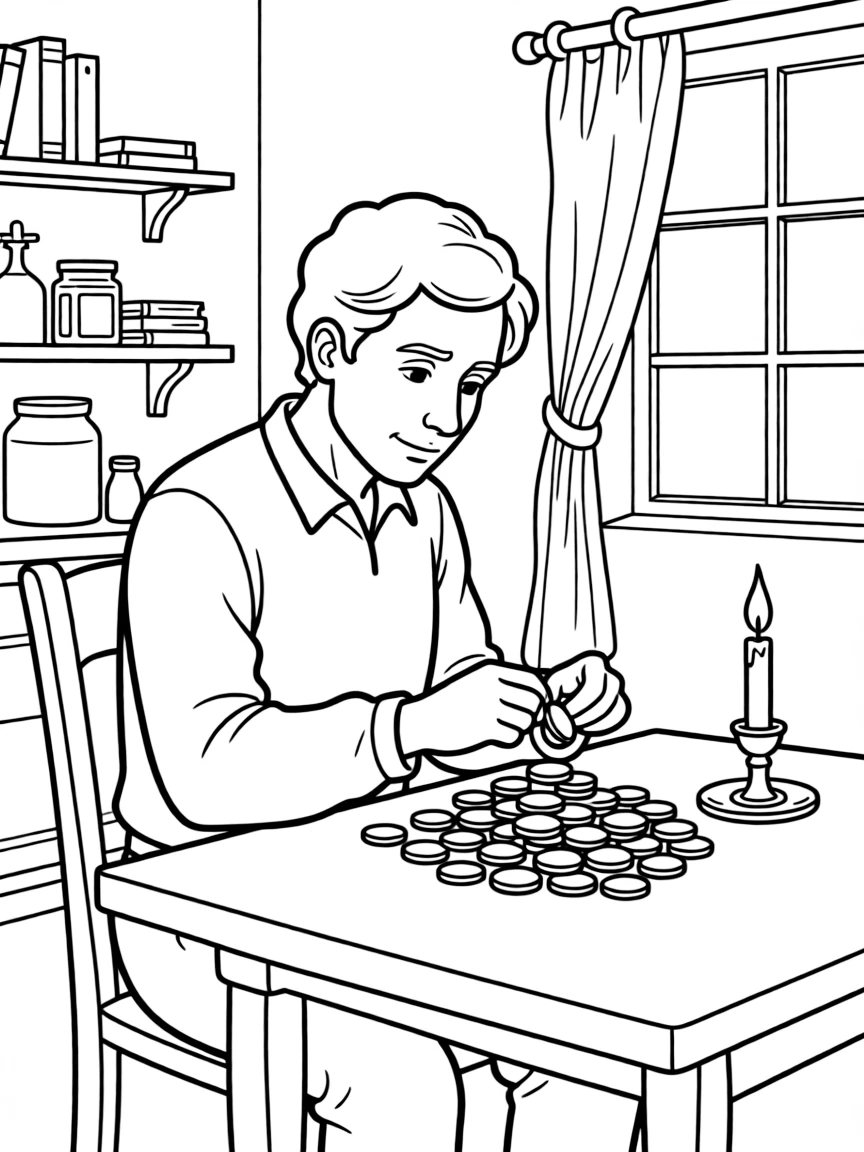 Silas Marner counting his gold coins by candlelight