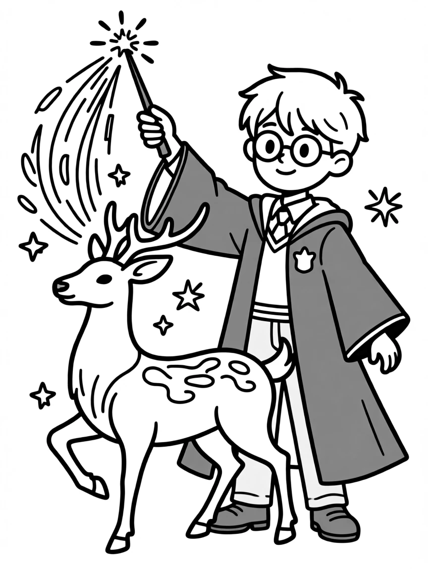 Harry Potter casting his Patronus charm with his wand raised high