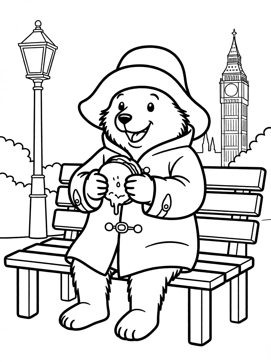Paddington Bear enjoying a marmalade sandwich on a London bench