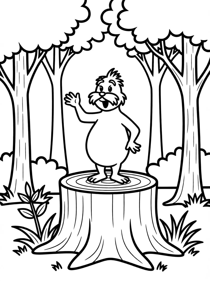 The Lorax standing on a tree stump speaking for the trees