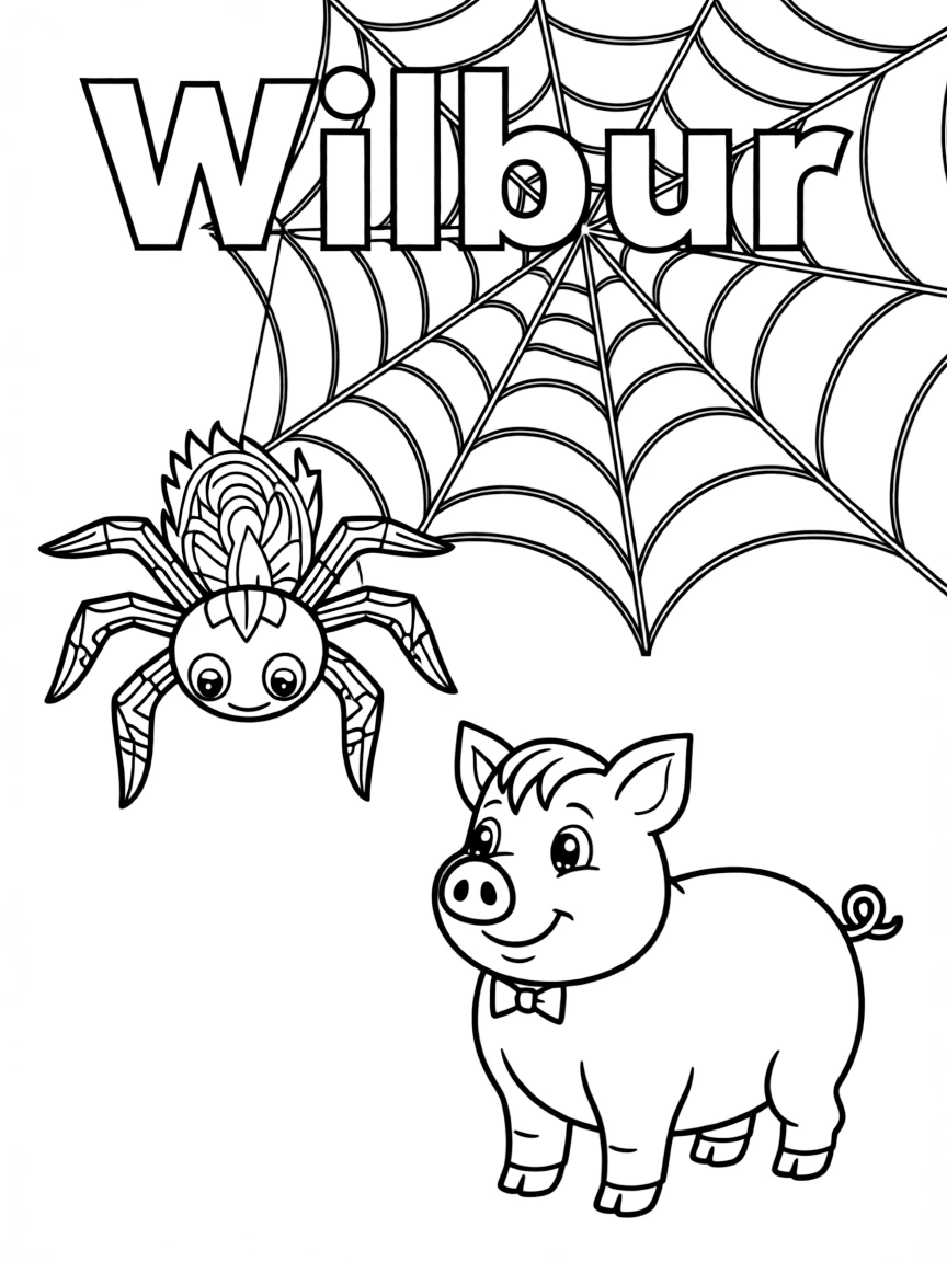 Charlotte the spider spinning her web with words above Wilbur the pig