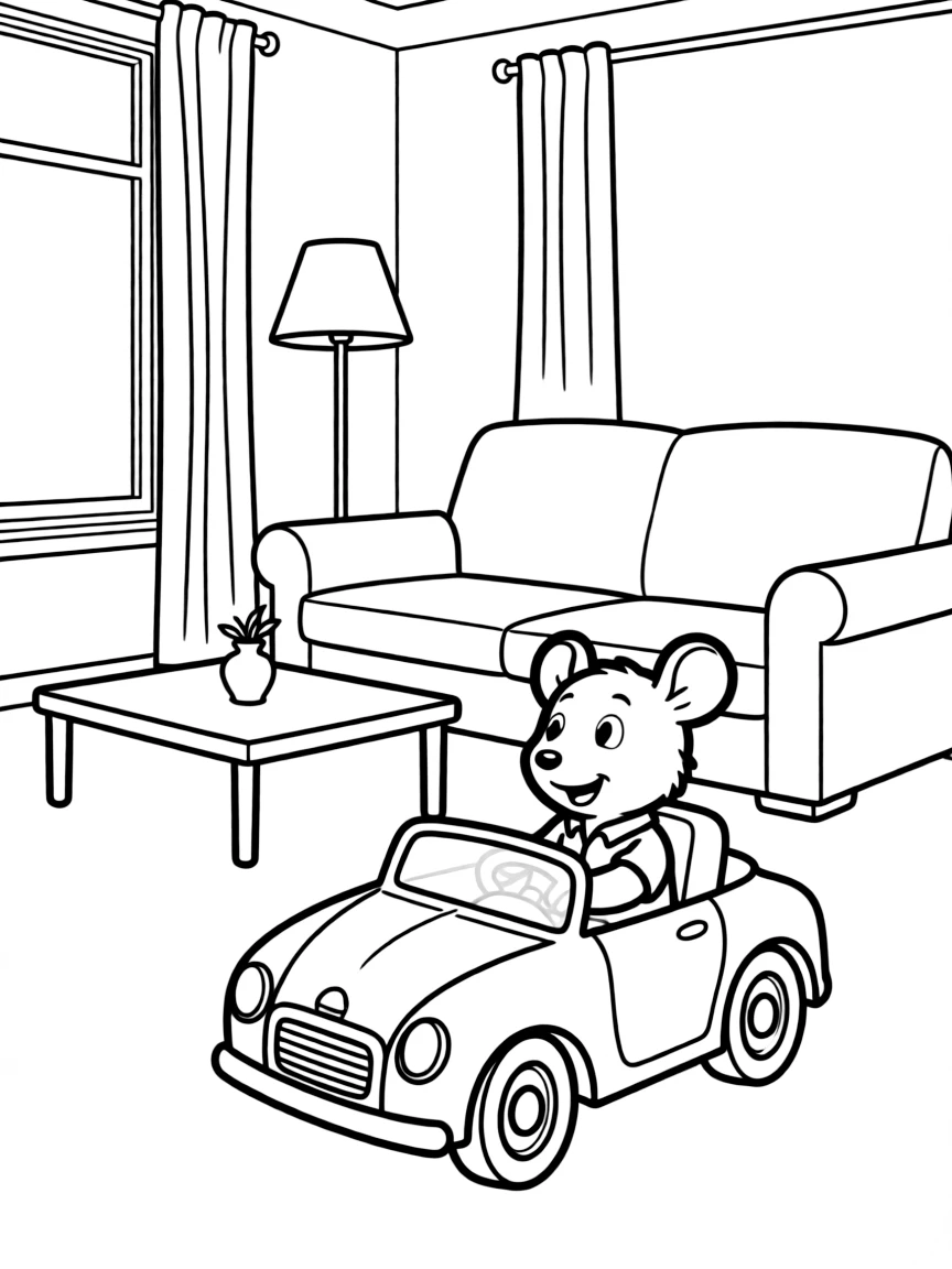 Stuart Little driving his miniature car through a human-sized living room