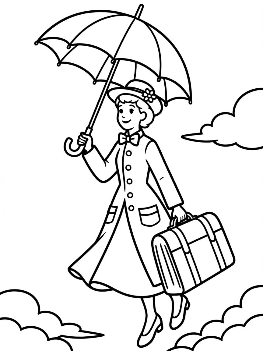 Mary Poppins floating down with her umbrella and carpetbag