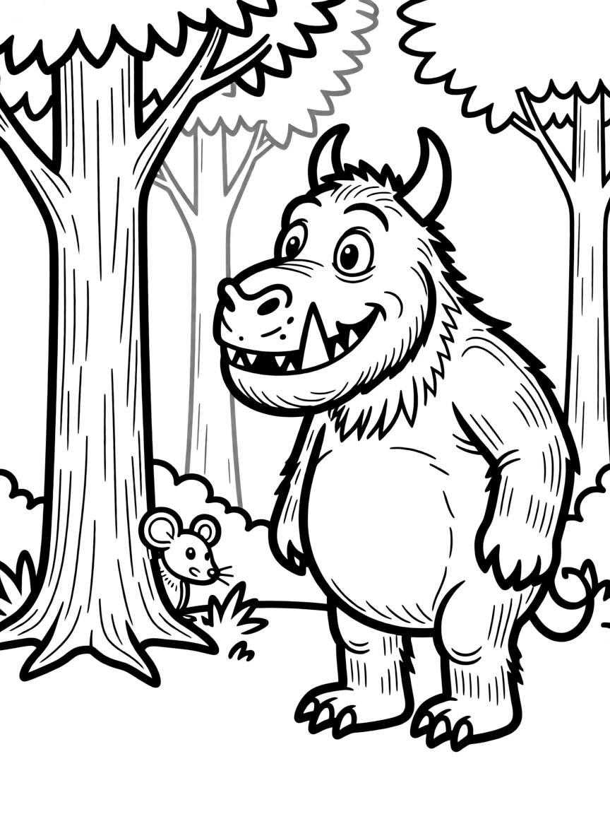 The Gruffalo standing in the deep dark wood with mouse hiding behind a tree