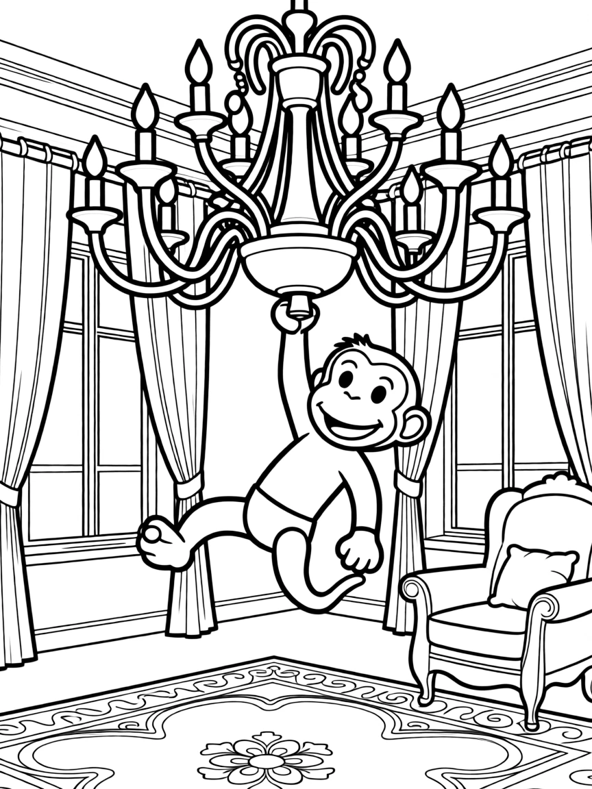 Curious George swinging from a chandelier in a fancy room