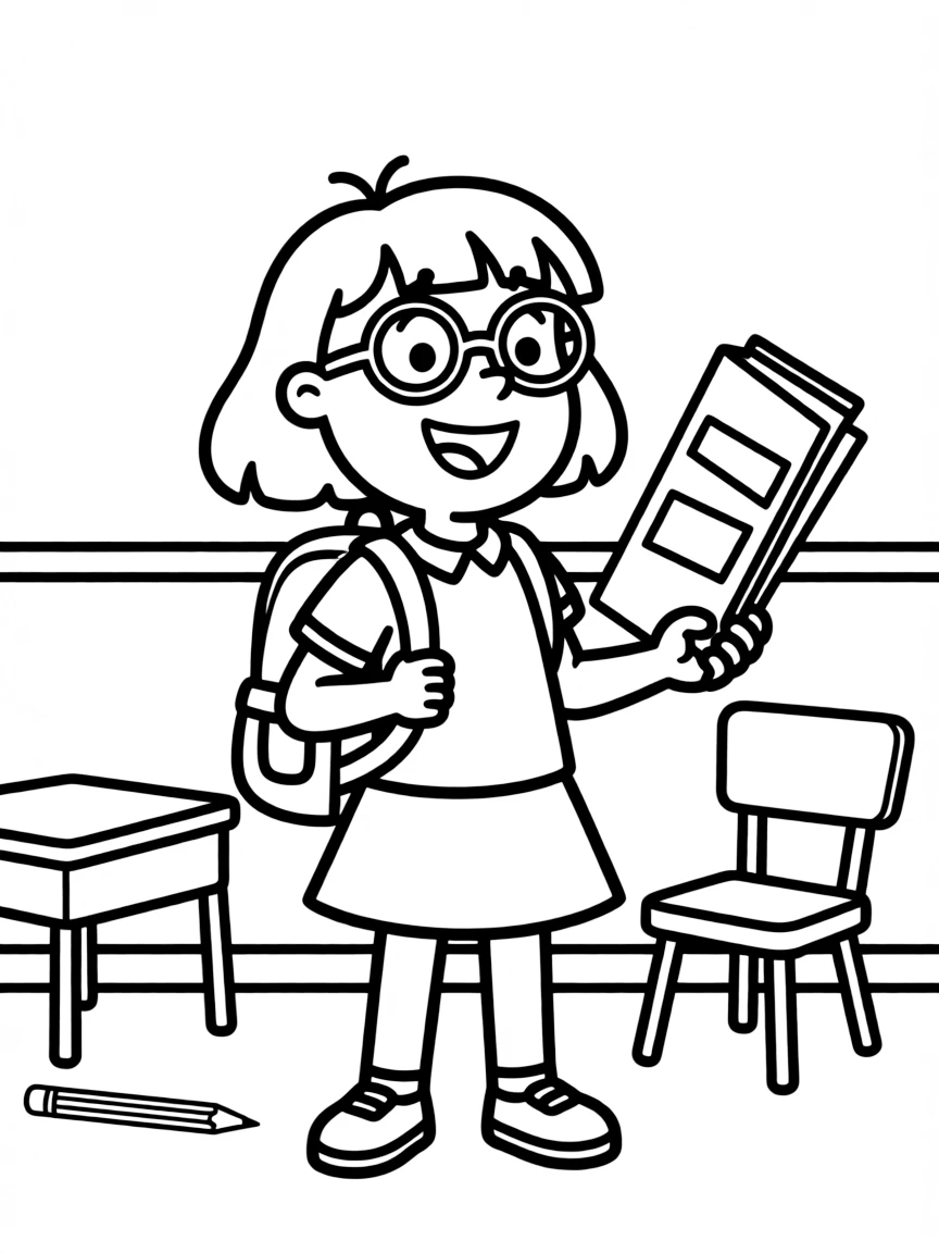Junie B. Jones with her glasses and backpack on her first day of school