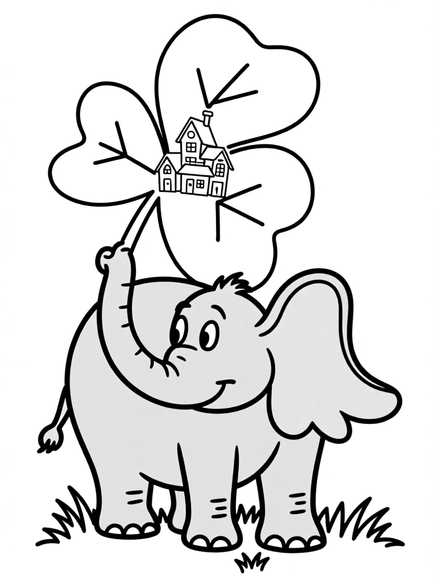 Horton the elephant carefully balancing a clover with Whoville on it