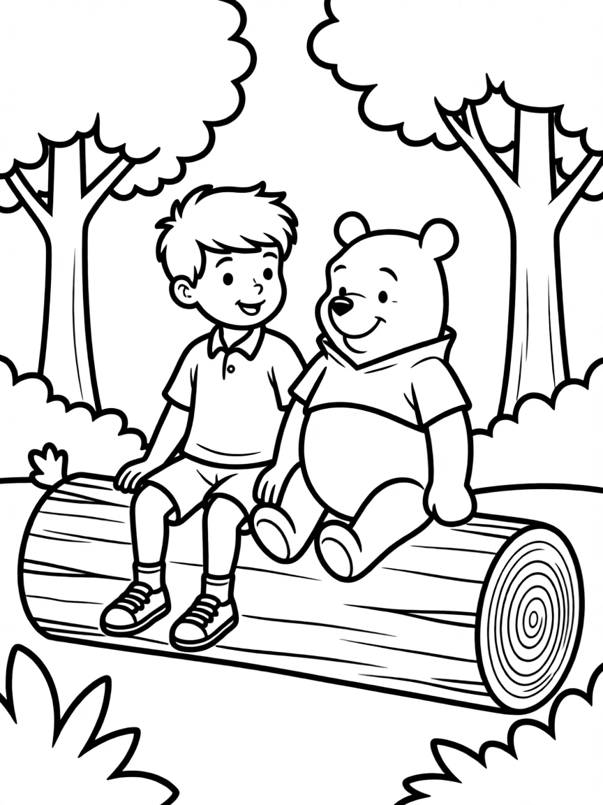 Christopher Robin and Pooh Bear sitting on a log in the Hundred Acre Wood