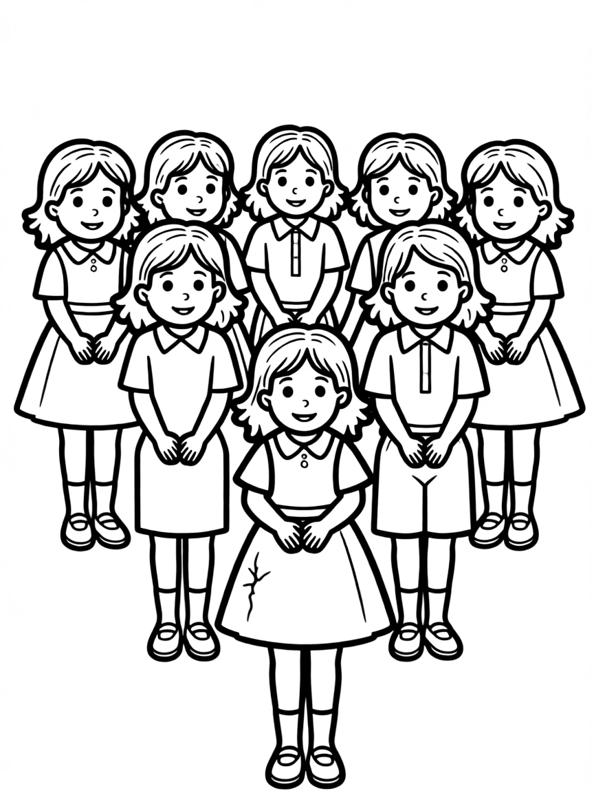 Madeline with her classmates in two straight lines, the smallest one with a appendix scar