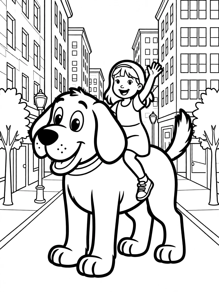 Clifford the Big Red Dog taking up an entire city block while Emily Elizabeth rides on his back