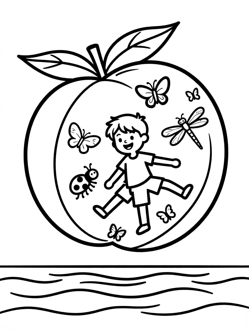 James inside the giant peach with his insect friends flying over the ocean