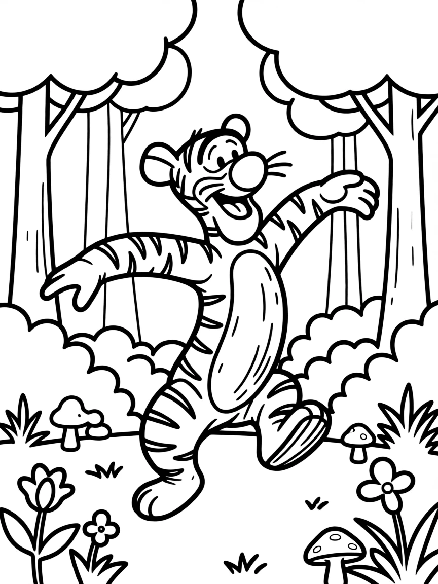 Tigger bouncing enthusiastically through the forest on his tail