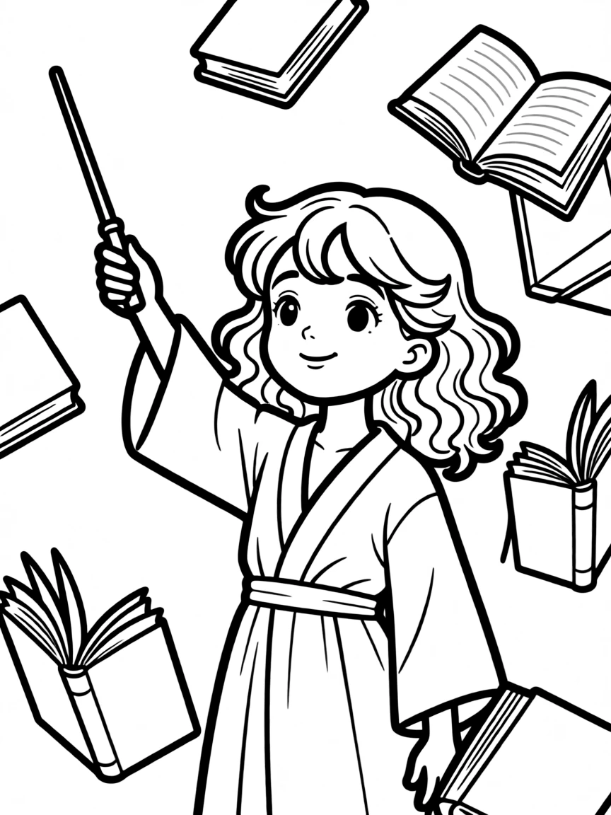 Hermione Granger with her wand raised, surrounded by floating books