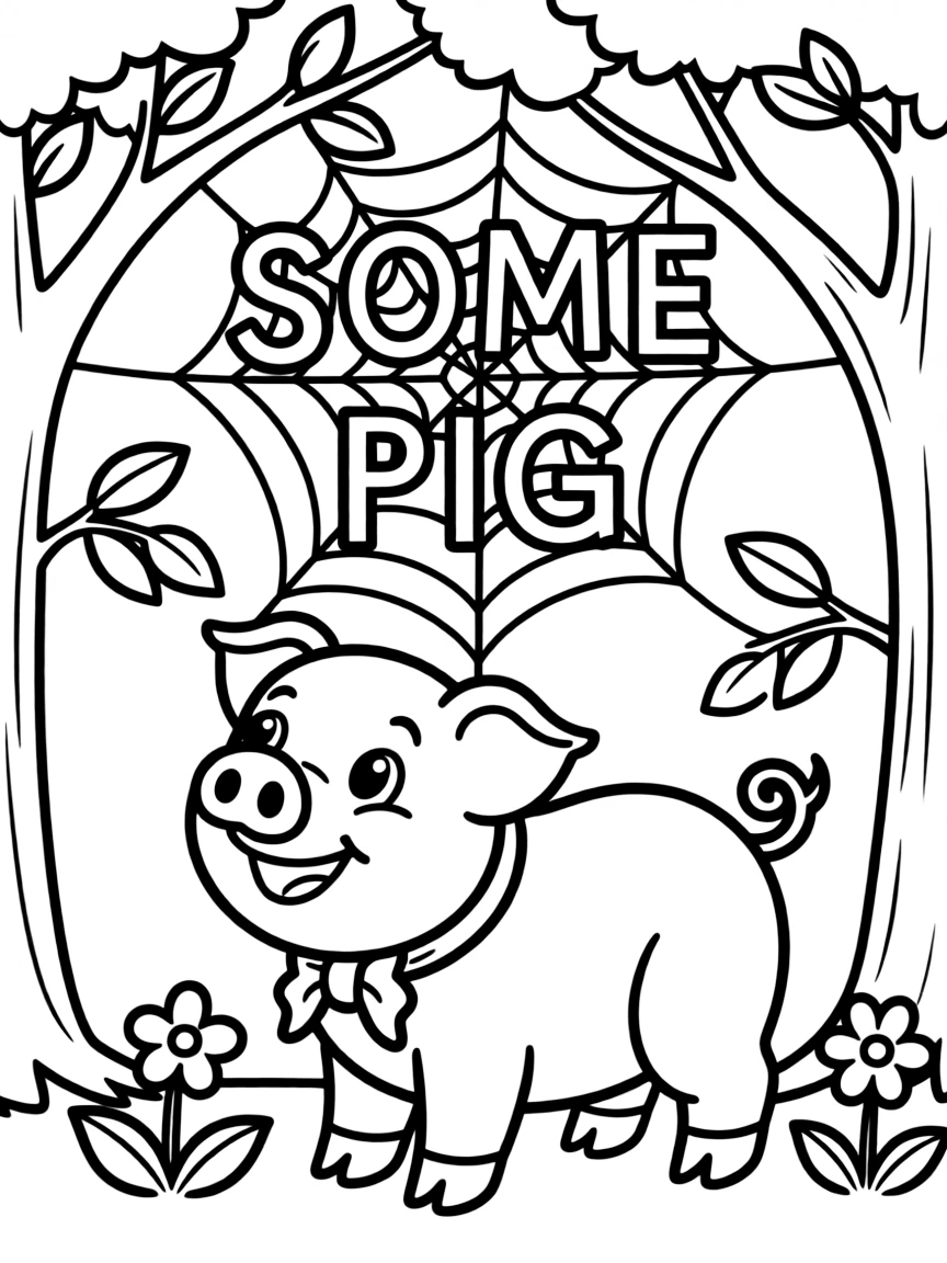 Wilbur the pig looking up at Charlotte's web spelling "SOME PIG"