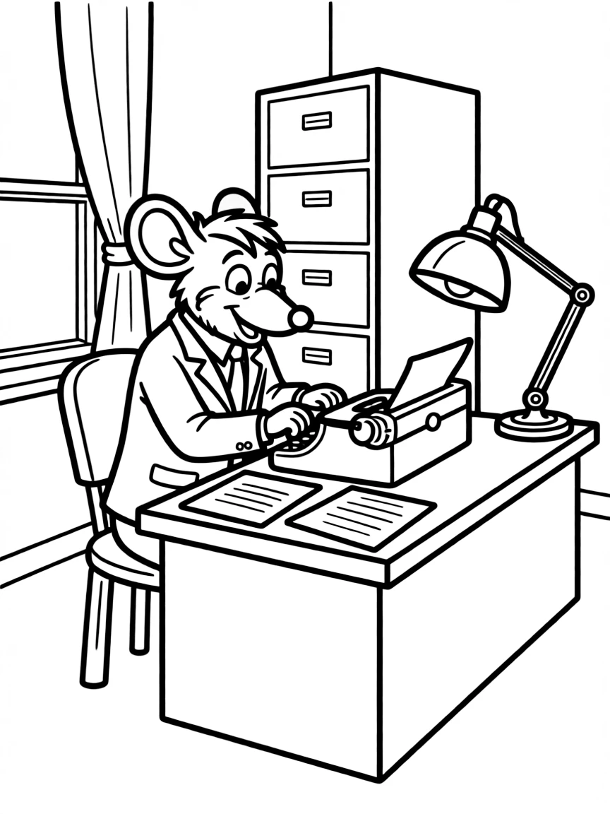Geronimo Stilton typing frantically at his newspaper office desk