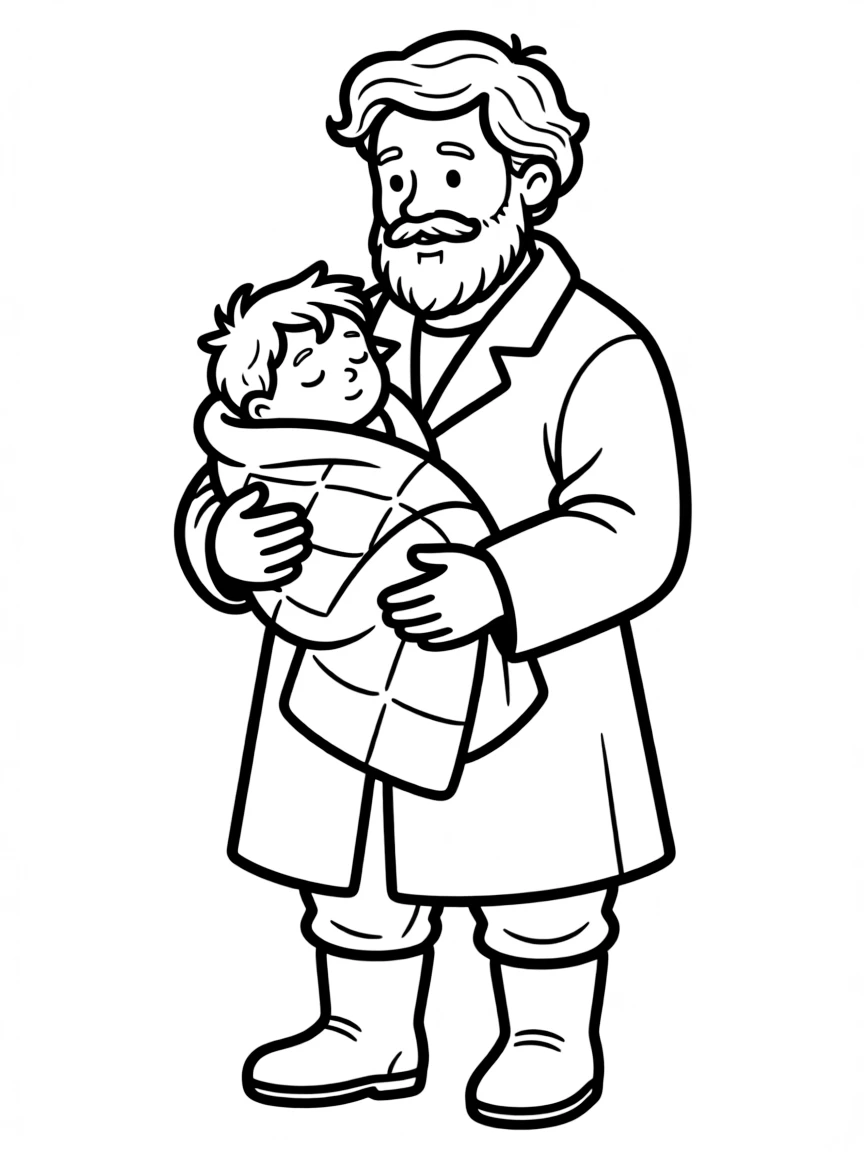 Hagrid carrying a tiny Harry Potter wrapped in blankets
