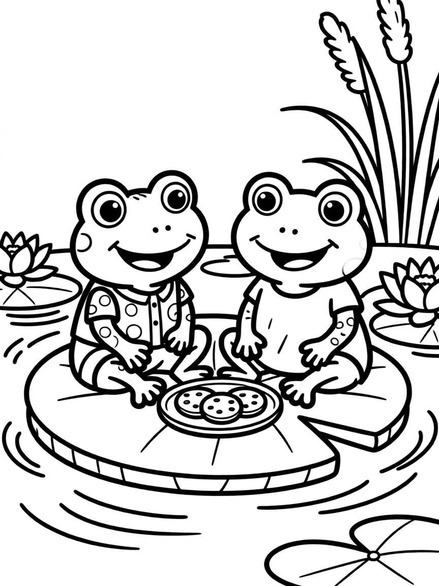 Frog and Toad sitting on a lily pad sharing cookies
