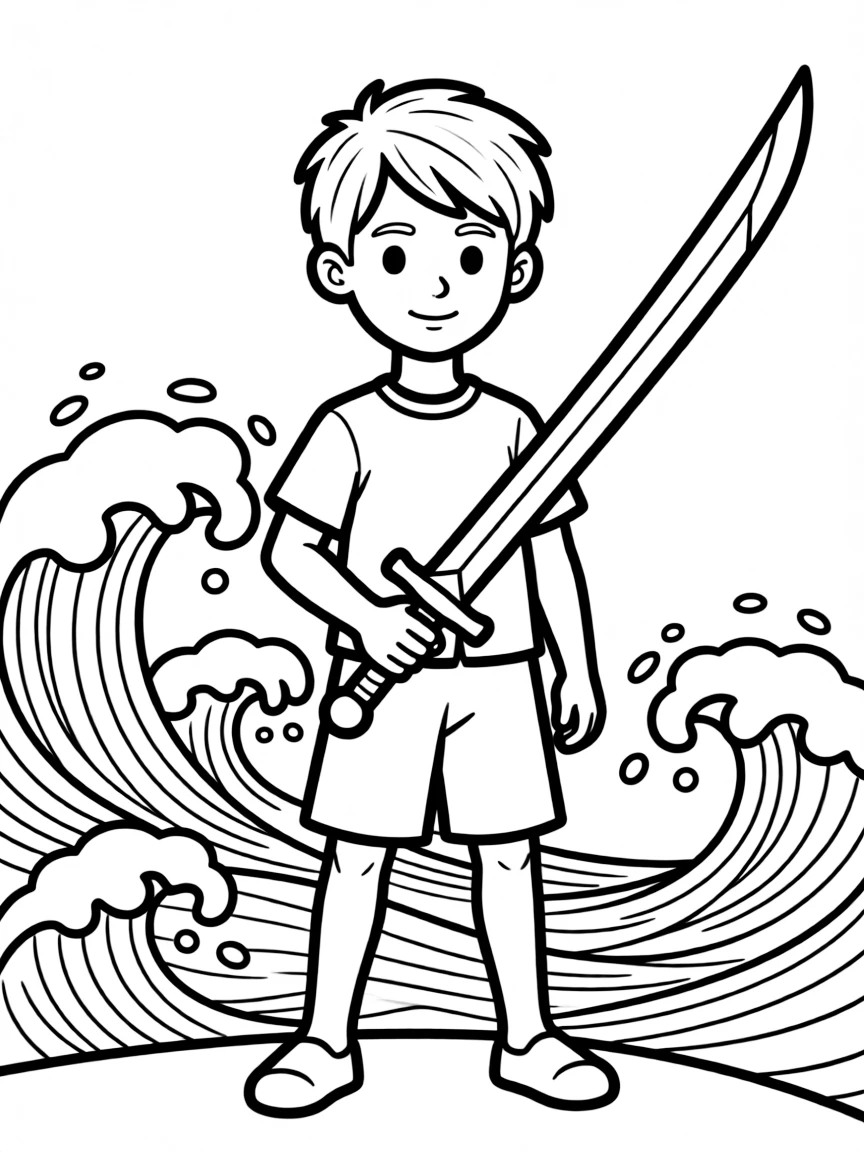 Percy Jackson wielding Riptide with ocean waves behind him