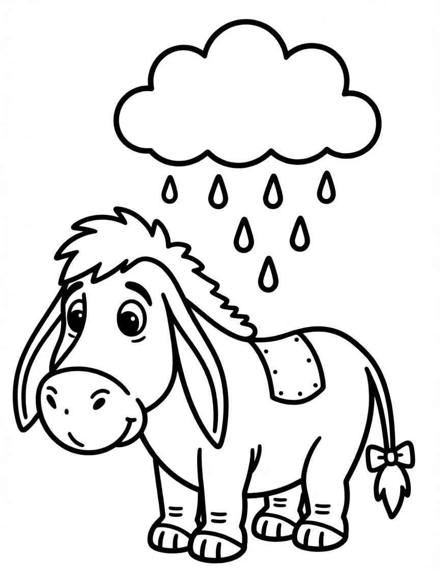 Eeyore with his tail pinned on, rain cloud above his head