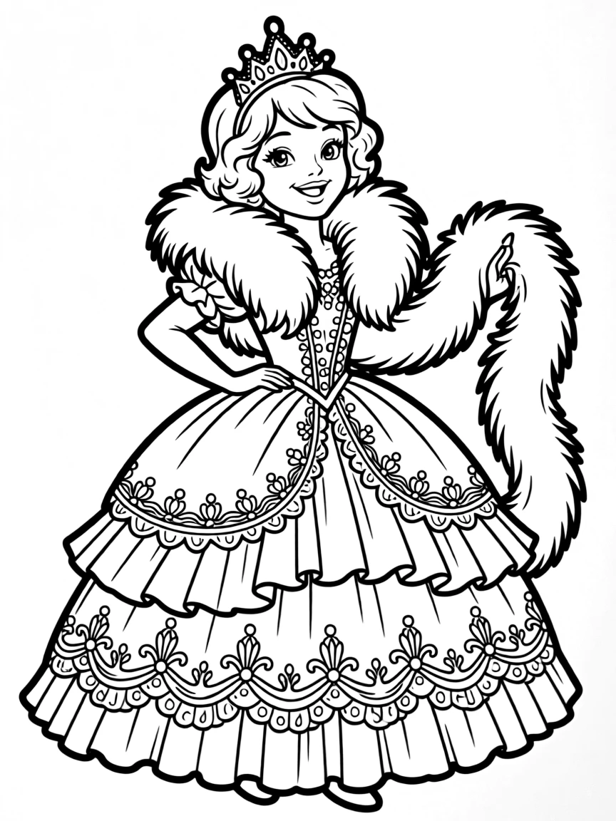 Fancy Nancy in her most elaborate outfit with boas and tiaras