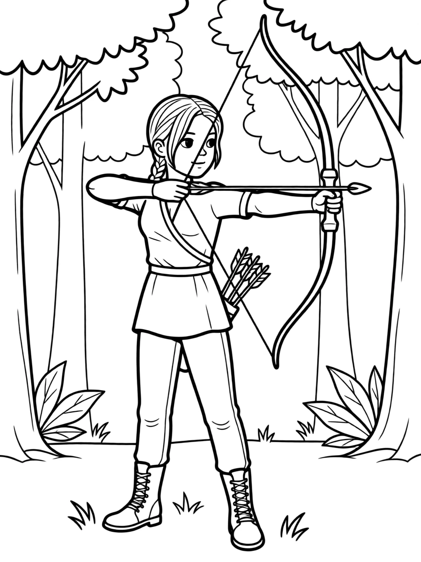 Katniss Everdeen from "The Hunger Games" with her bow drawn