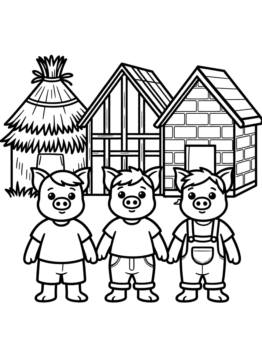 The three little pigs standing in front of their houses of straw, sticks, and bricks