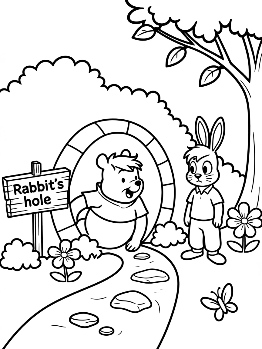 Winnie-the-Pooh stuck in Rabbit's hole after eating too much honey
