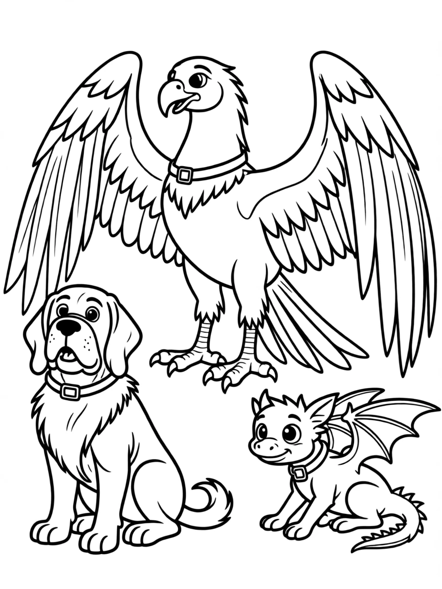 Hagrid's magical creatures including Buckbeak, Norbert, and Fang
