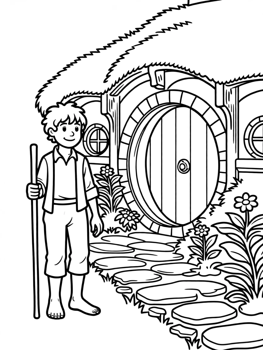 Bilbo Baggins standing outside his hobbit hole with his walking stick