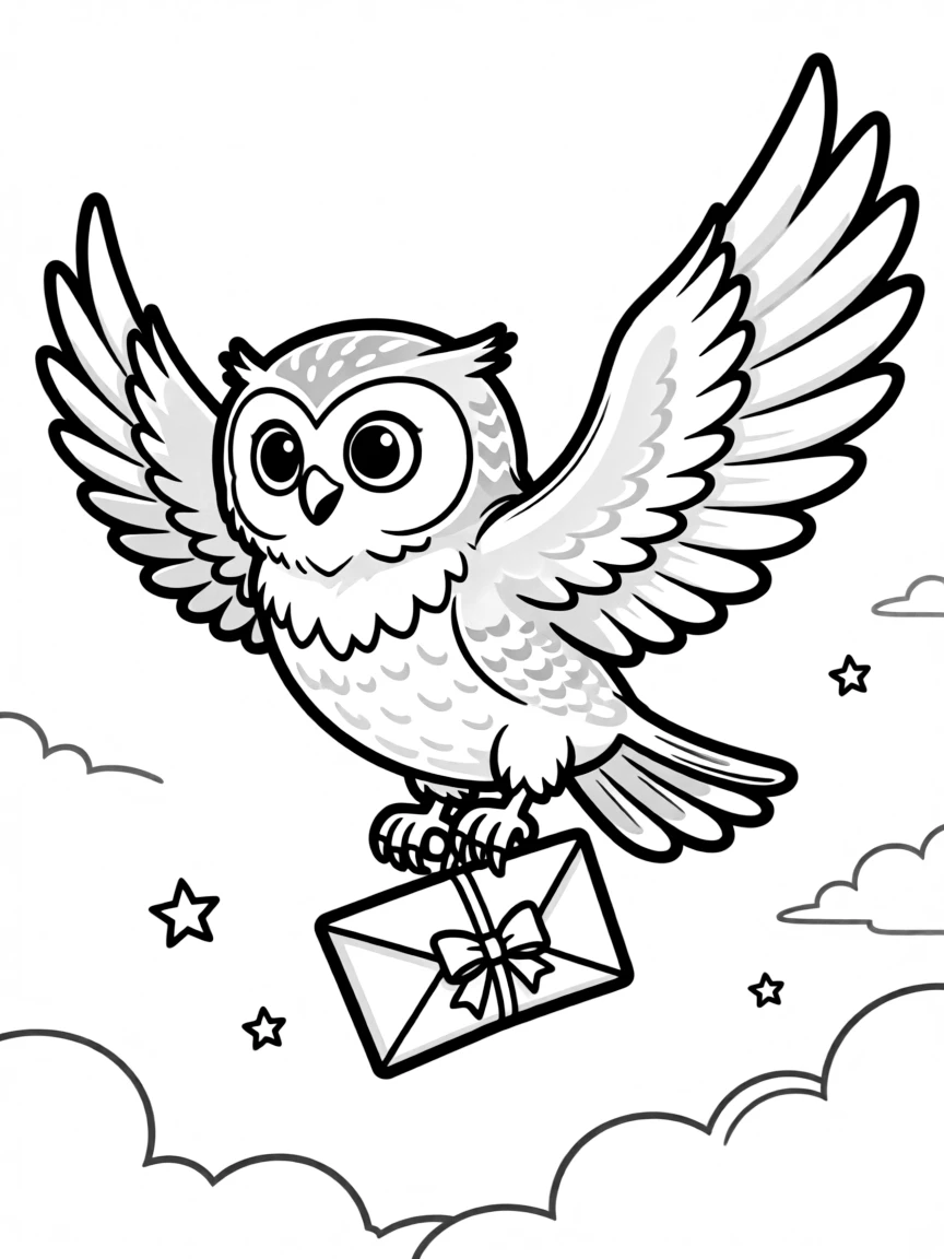 Hedwig the owl delivering mail with a letter tied to her leg