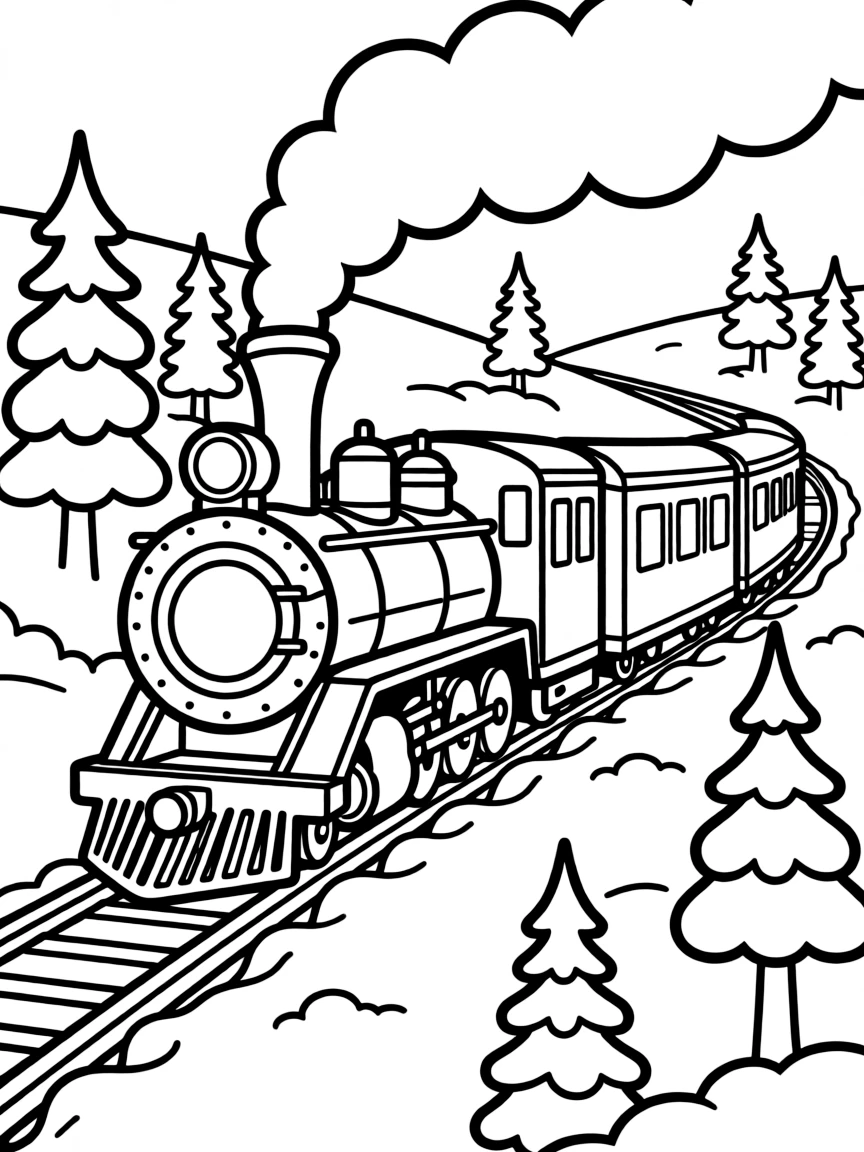 The Polar Express train chugging through a snowy landscape