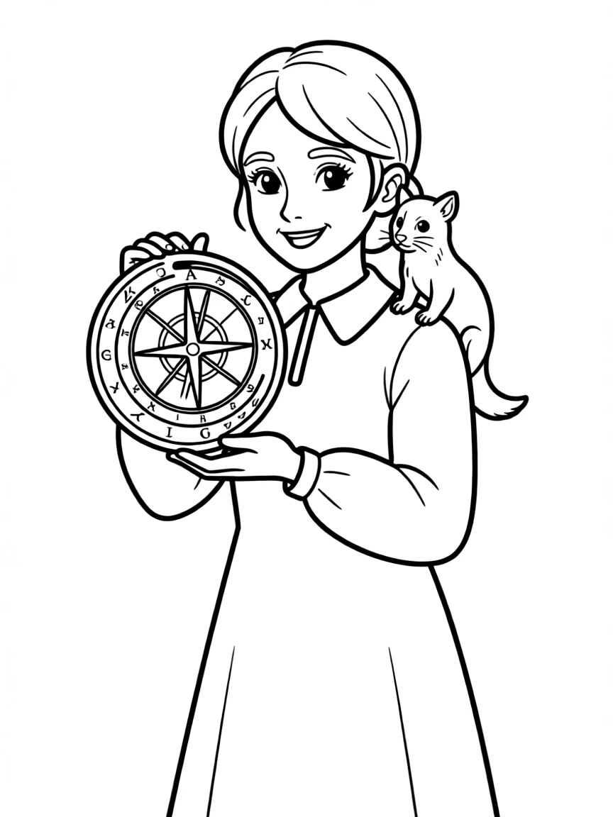 Lyra Belacqua with her daemon Pantalaimon and the alethiometer