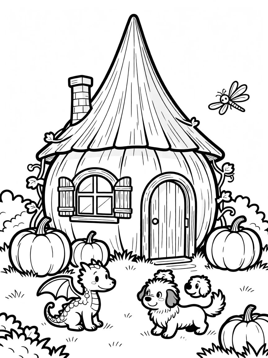 Hagrid's hut with pumpkins and magical creatures around it