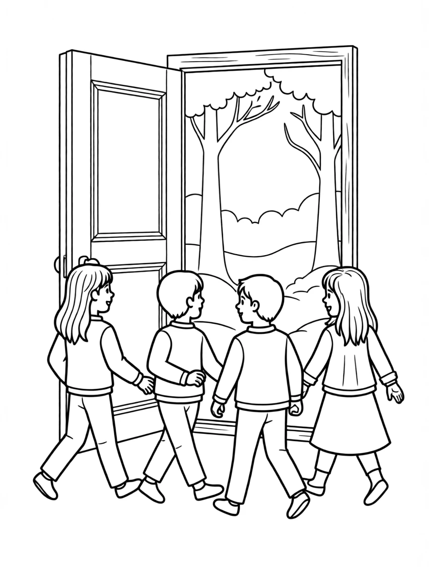 The Pevensie children walking through the wardrobe into Narnia