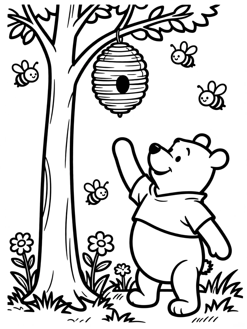 Winnie-the-Pooh reaching for honey in a bee tree