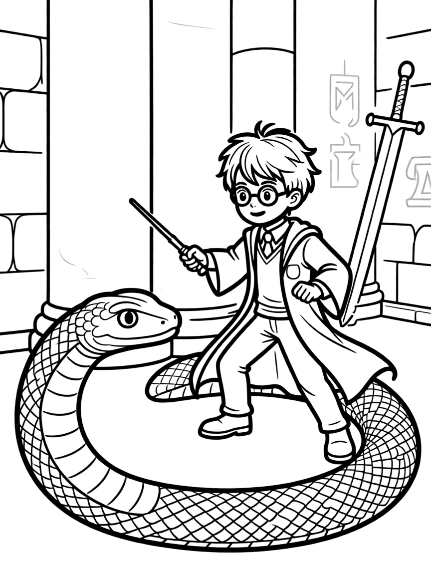 Harry Potter in the Chamber of Secrets facing the basilisk