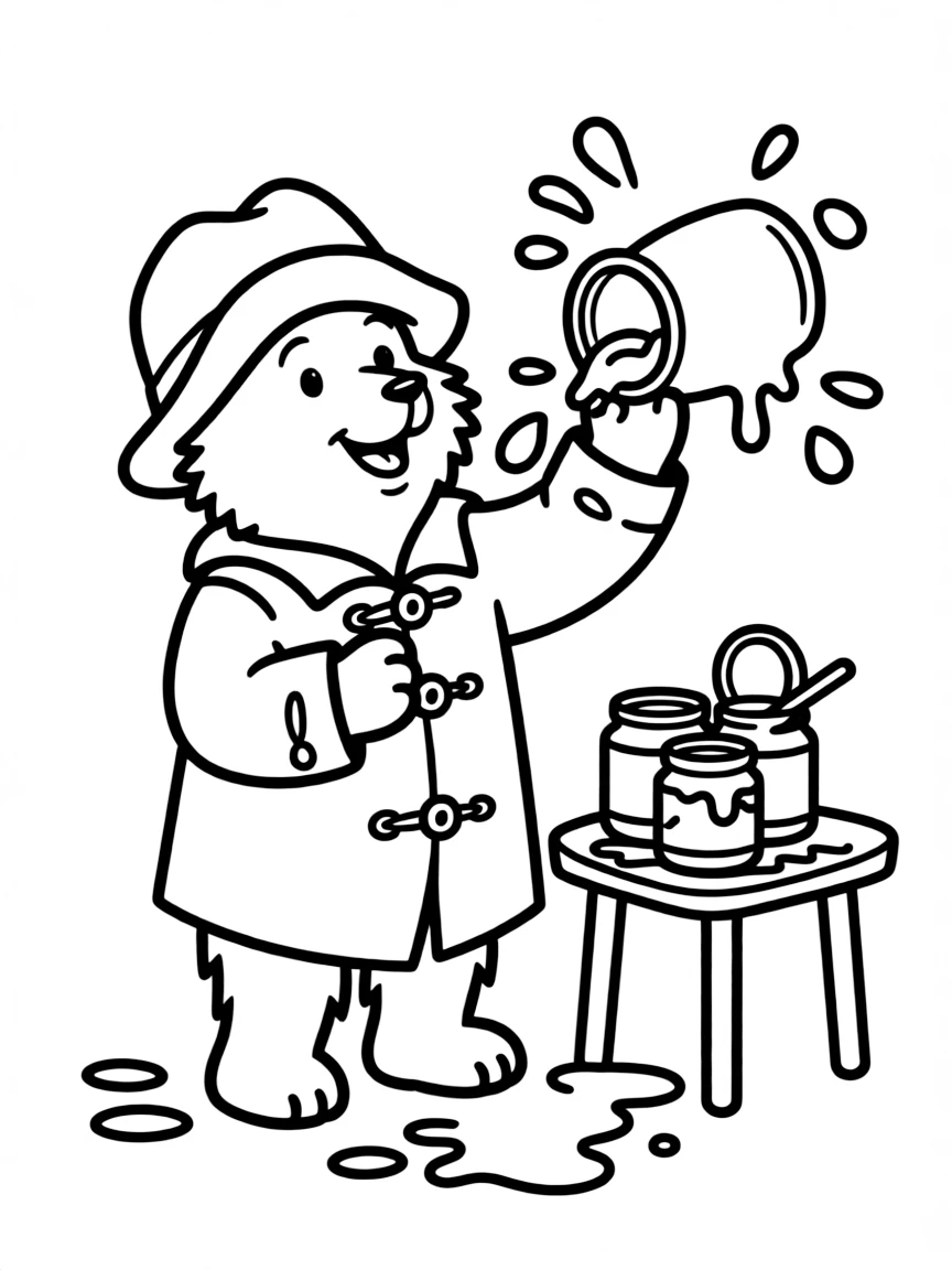 Paddington Bear making a mess with marmalade