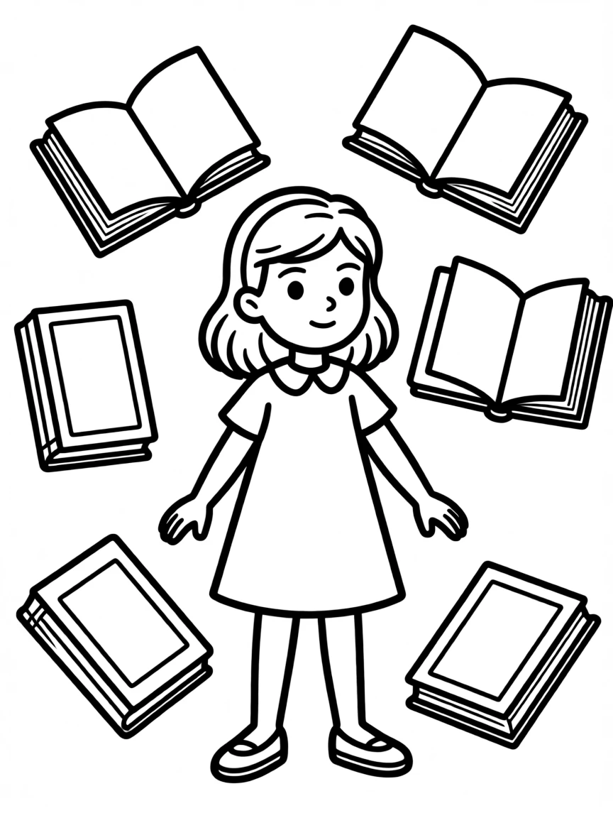 Matilda surrounded by floating books using her telekinetic powers