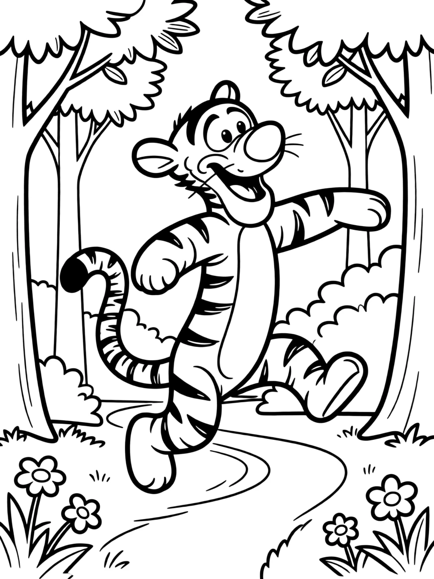 Tigger bouncing on his tail through the Hundred Acre Wood