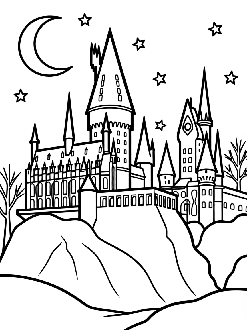 Hogwarts castle at night with lights in the windows