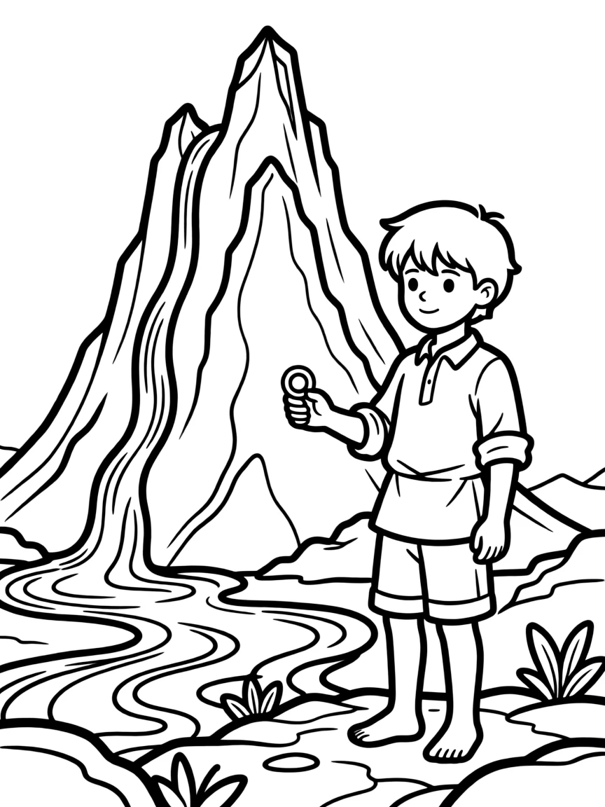 Frodo Baggins holding the One Ring with Mount Doom in the background