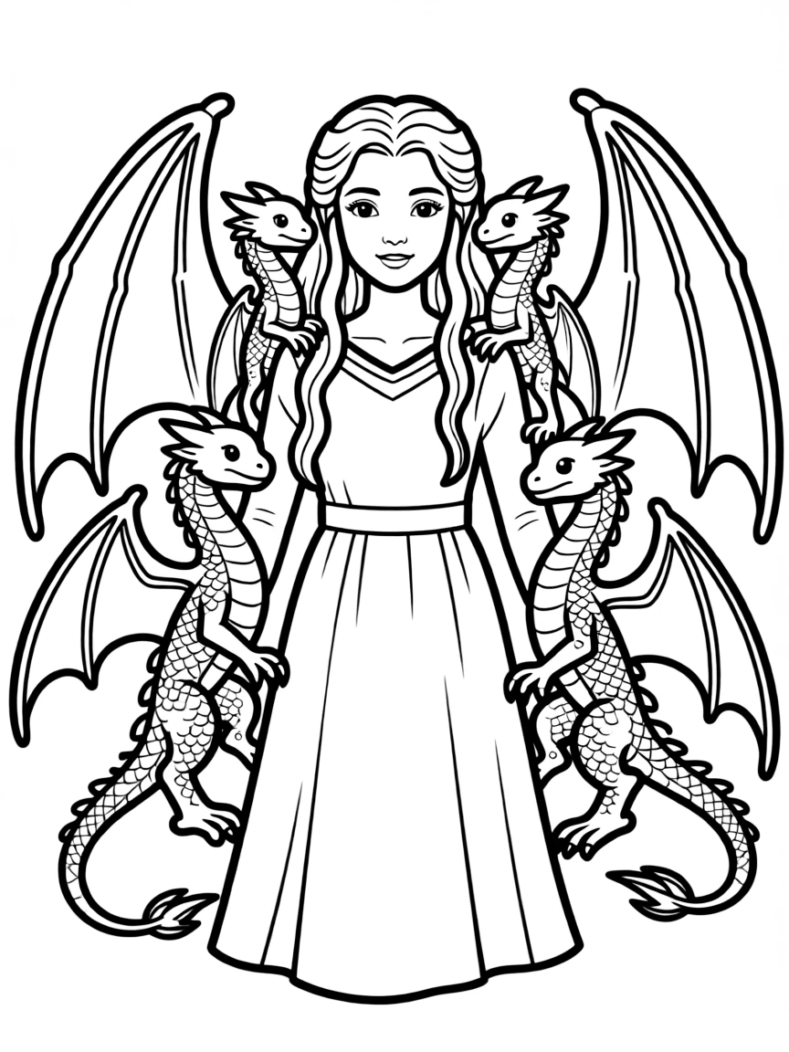 Daenerys Targaryen with her three dragons perched around her