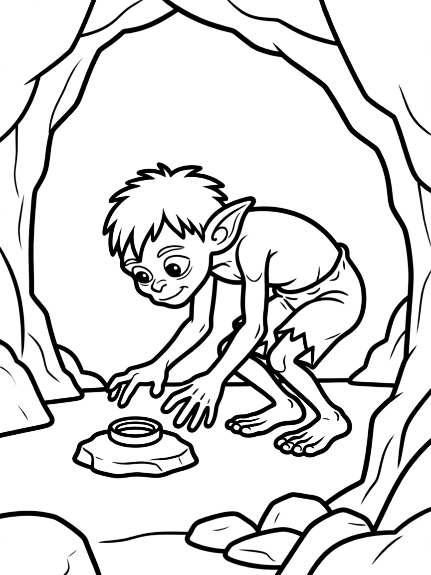 Gollum crouching over his "precious" ring in his cave